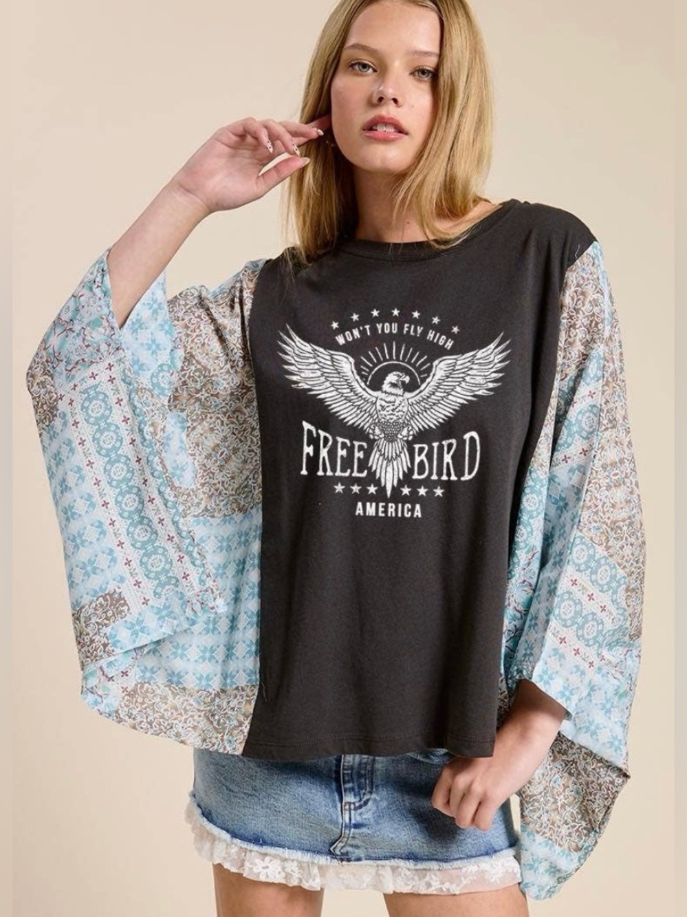 Zutter Free Bird America Graphic Sheer Boho Kaftan Top M
